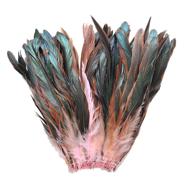 16 Grams (0.6 ozs) 8-10" Half Bronze Baby Pink Schlappen Coque Rooster Tail Feathers, ~80 pcs
