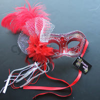 Venetian Mask, Red Venetian Ostrich Feather Masquerade Mask 4B1B SKU: 6F41