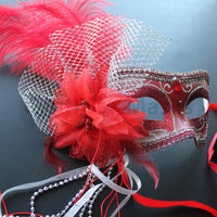 Venetian Mask, Red Venetian Ostrich Feather Masquerade Mask 4B1B SKU: 6F41