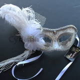 Venetian Mask, White  Venetian Ostrich Feather Masquerade Mask 4B6B SKU: 6F51