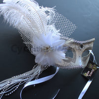 Venetian Mask, White  Venetian Ostrich Feather Masquerade Mask 4B6B SKU: 6F51