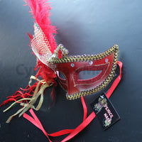 Venetian Mask, Red Venetian Ostrich Feather Masquerade Mask 5D1A SKU: 6F61