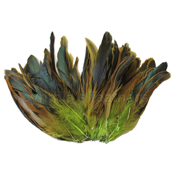 16 Grams (0.6 ozs) 6-8" Half Bronze Lime Green Schlappen Coque Rooster Tail Feathers, ~100 pcs