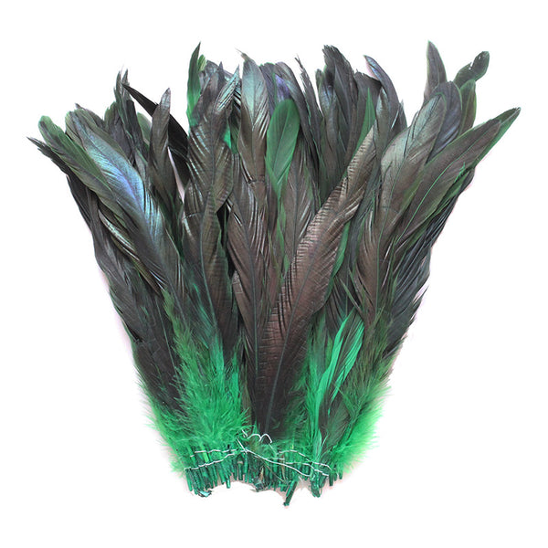 16 Grams (0.6 ozs) 8-10" Half Bronze Emerald Green Schlappen Coque Rooster Tail Feathers, ~80 pcs