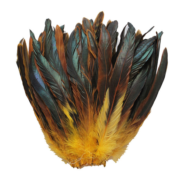 16 Grams (0.6 ozs) 8-10" Half Bronze Golden Yellow Schlappen Coque Rooster Tail Feathers, ~80 pcs