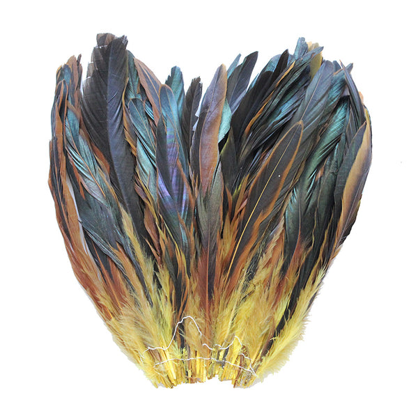 16 Grams (0.6 ozs) 8-10" Half Bronze Yellow Schlappen Coque Rooster Tail Feathers, ~80 pcs